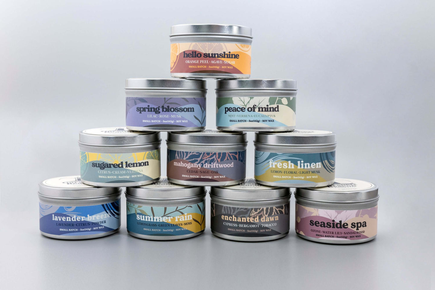 Jasmine Water Lily Sandalwood Moss Ozone Apple scented candles called Seaside Spa in glass ceramic tin and wax melts