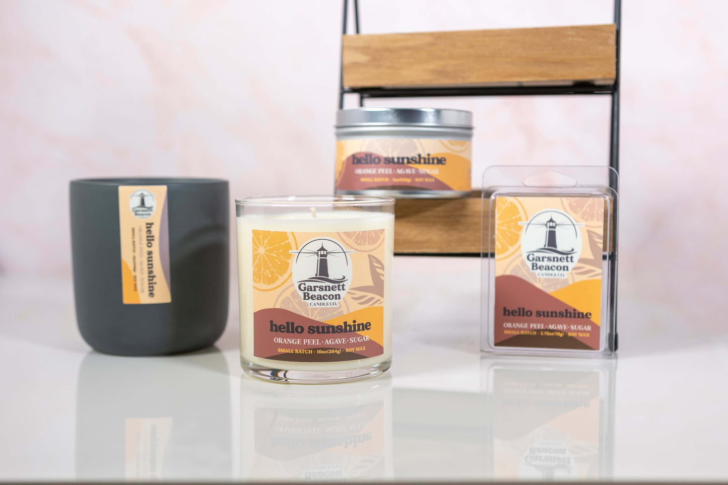Orange Peel Lemon Peel Agave Tangerine Grapefruit Peach Lime Sugar scented candles called Hello Sunshine in glass ceramic tin and wax melts