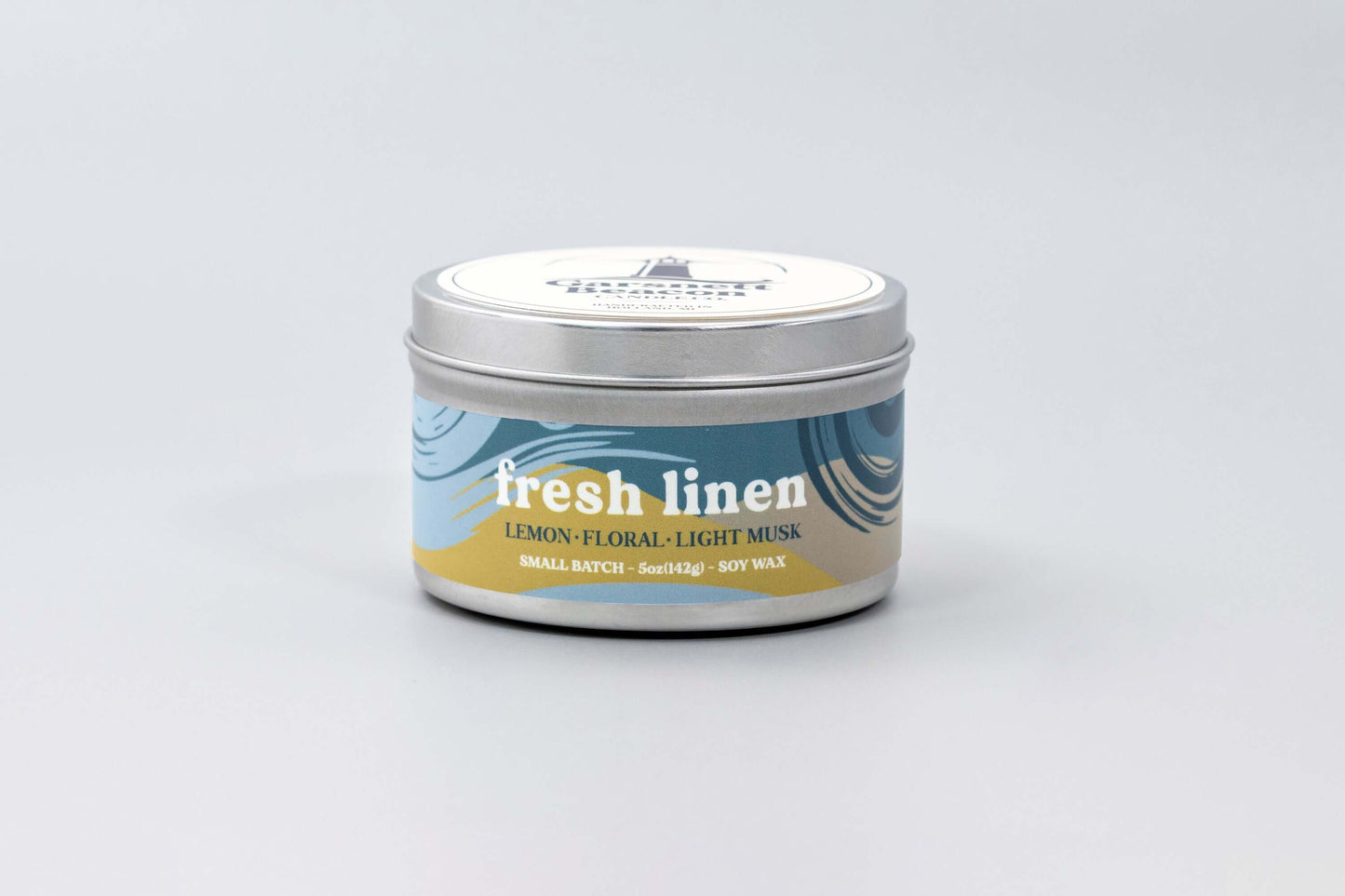 Lemon Linen Floral Ozone Light Musk scented candles called Fresh Linen in glass ceramic tin and wax melts