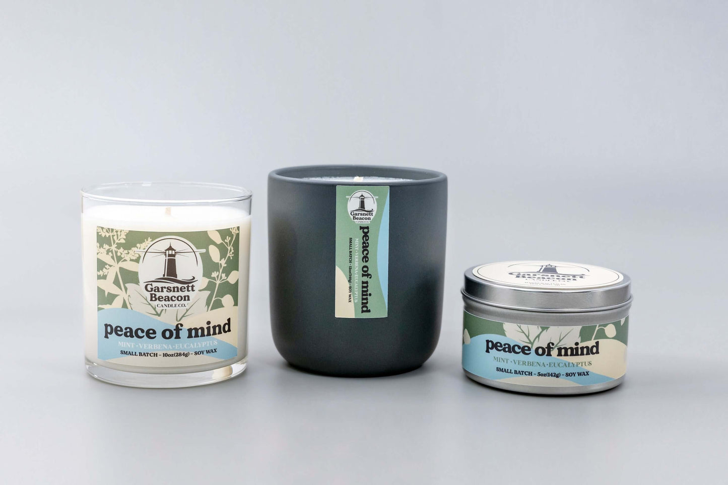 Fresh Mint Verbena Greens Eucalyptus scented candles called Peace of Mind in glass ceramic tin and wax melts