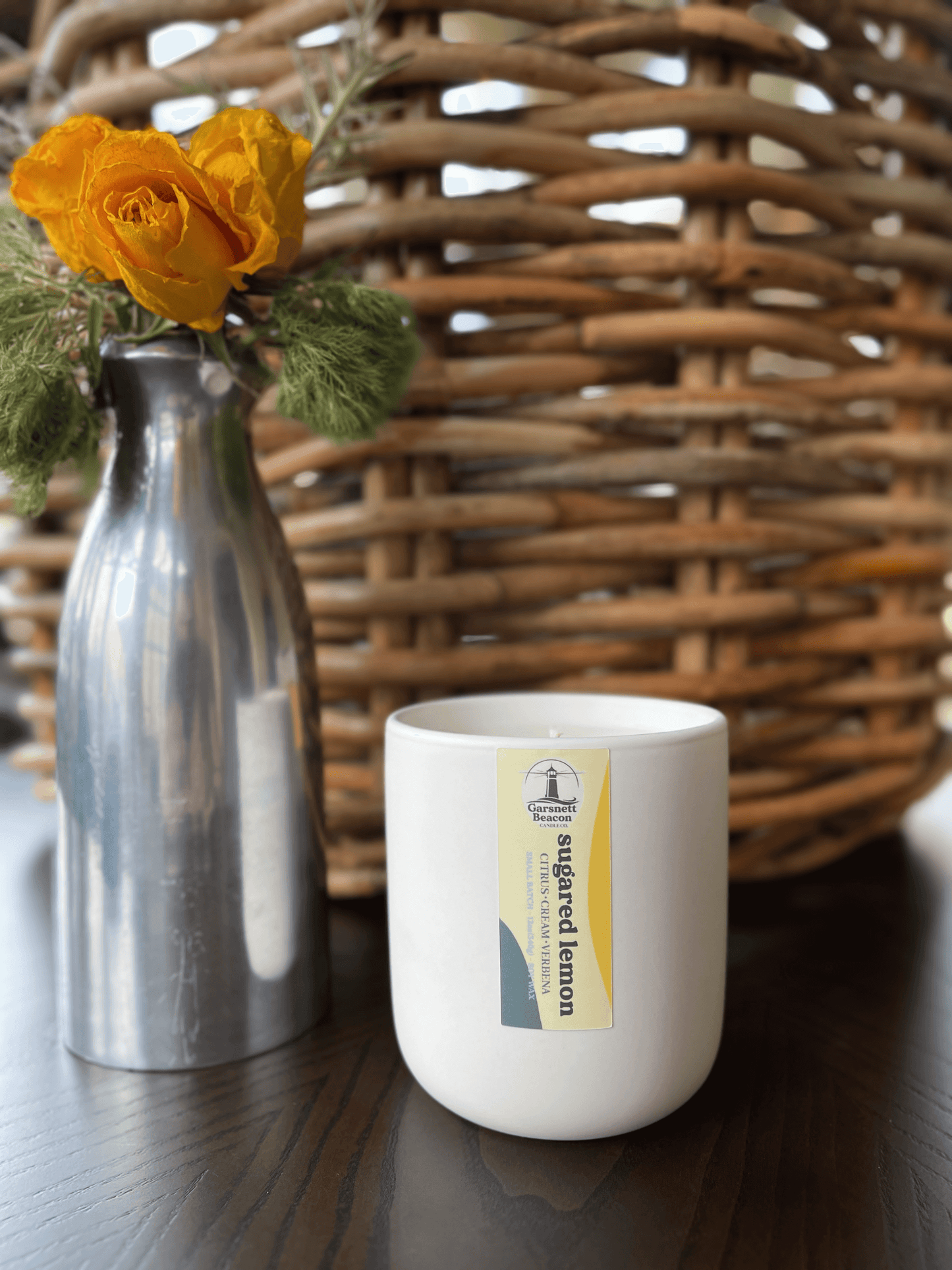 Lemon Cream Vanilla Citrus Verbena scented candles called Sugared Lemon in glass ceramic tin and wax melts