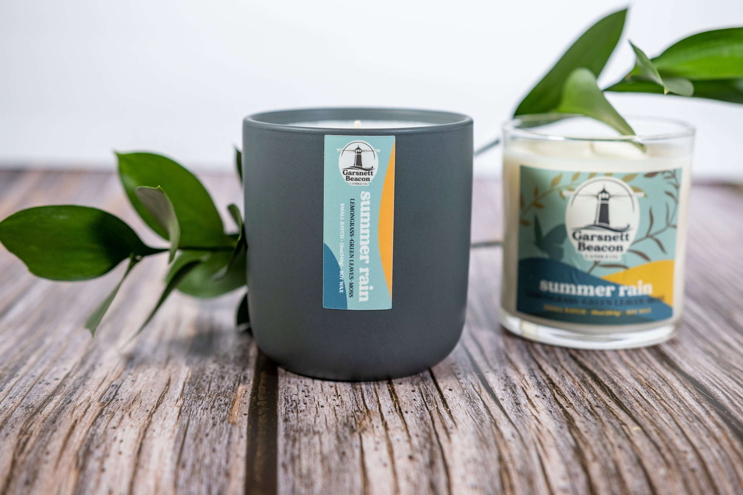 Lemongrass Green Leaves Lily of the Valley Ozone Moss scented candles called Summer Rain in glass ceramic tin and wax melts