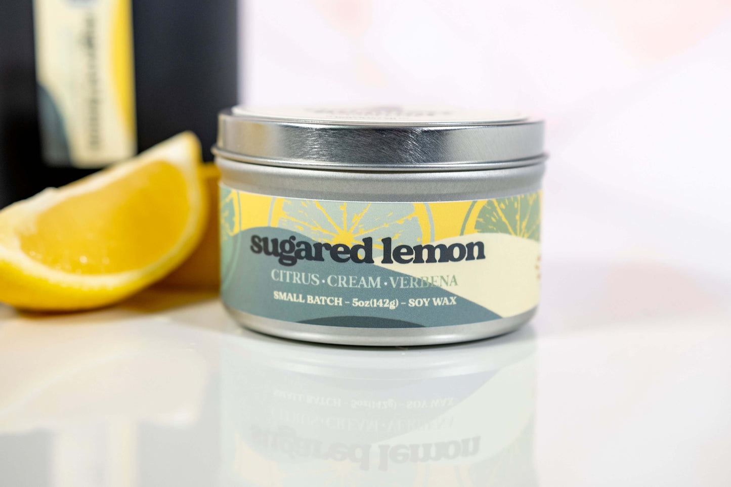Lemon Cream Vanilla Citrus Verbena scented candles called Sugared Lemon in glass ceramic tin and wax melts