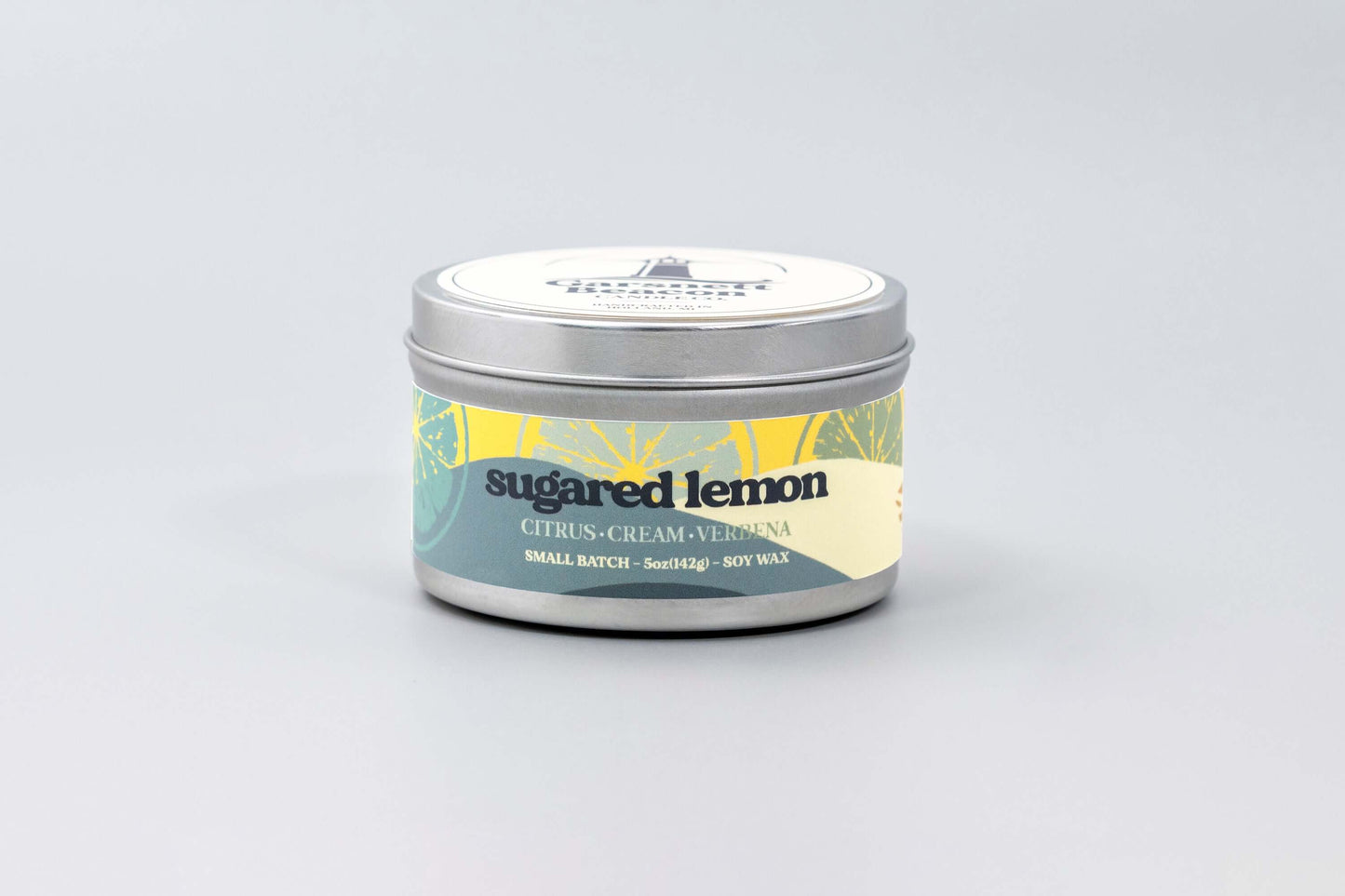Lemon Cream Vanilla Citrus Verbena scented candles called Sugared Lemon in glass ceramic tin and wax melts