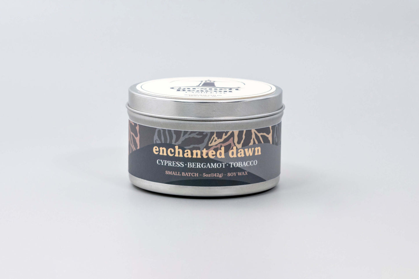 Cypress Bergamot Saffron Flower Patchoili scented candles called Enchanted Dawn in glass ceramic tin and wax melts