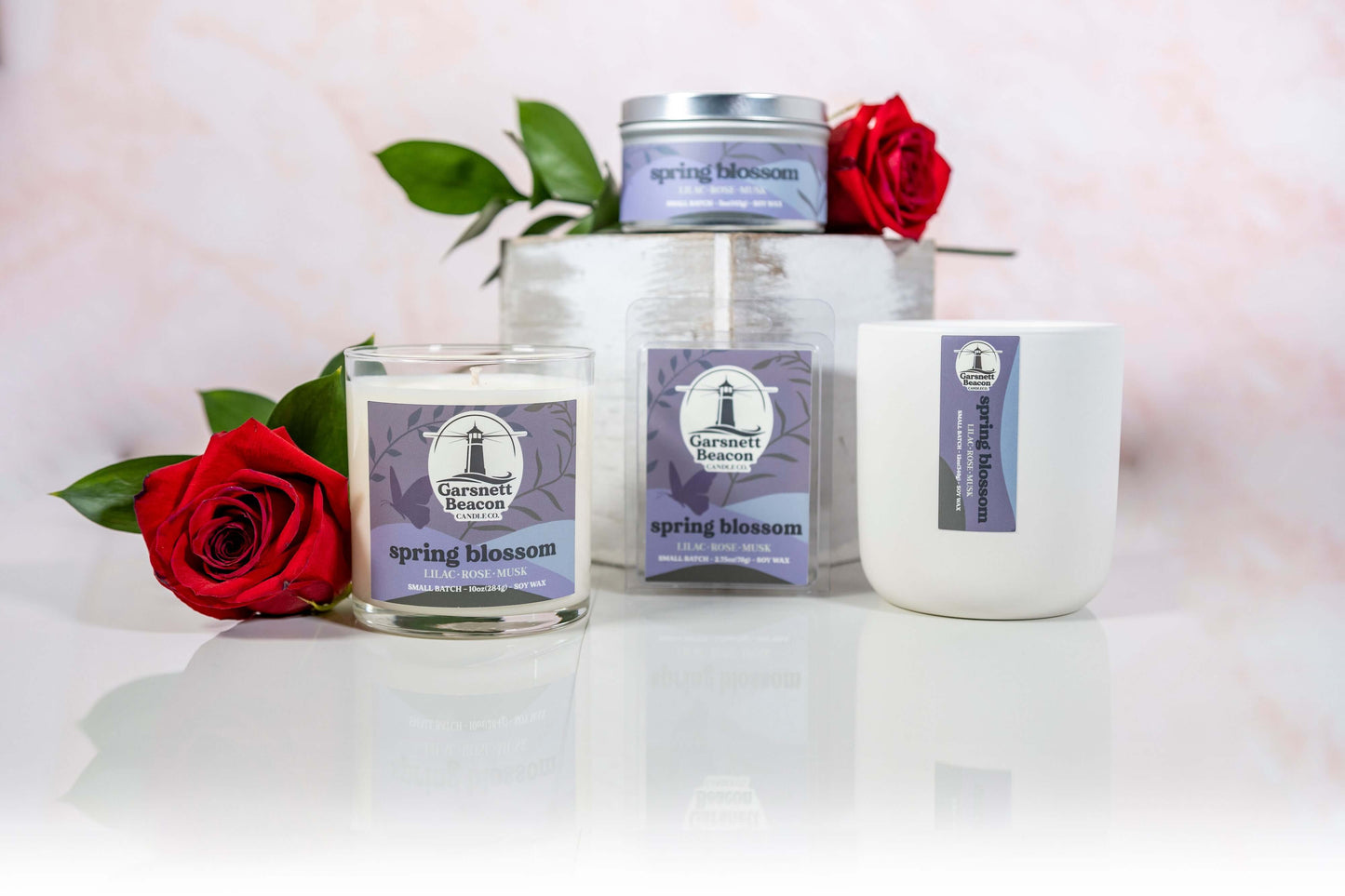 Lilac Rose Lilies Light Musk scented candles called Spring Blossom in glass ceramic tin and wax melts
