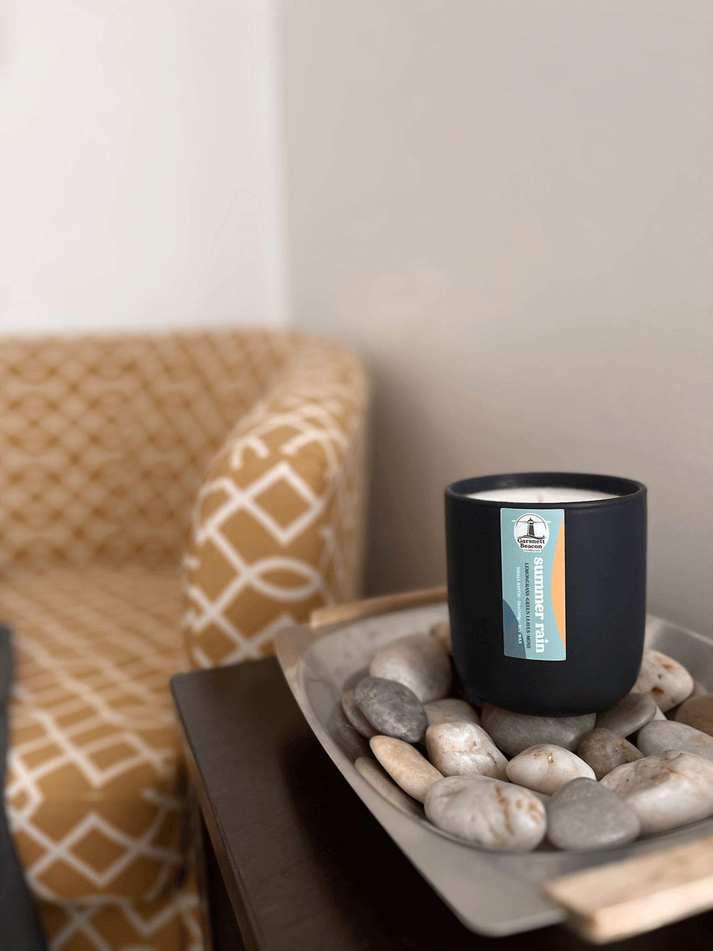 Lemongrass Green Leaves Lily of the Valley Ozone Moss scented candles called Summer Rain in glass ceramic tin and wax melts
