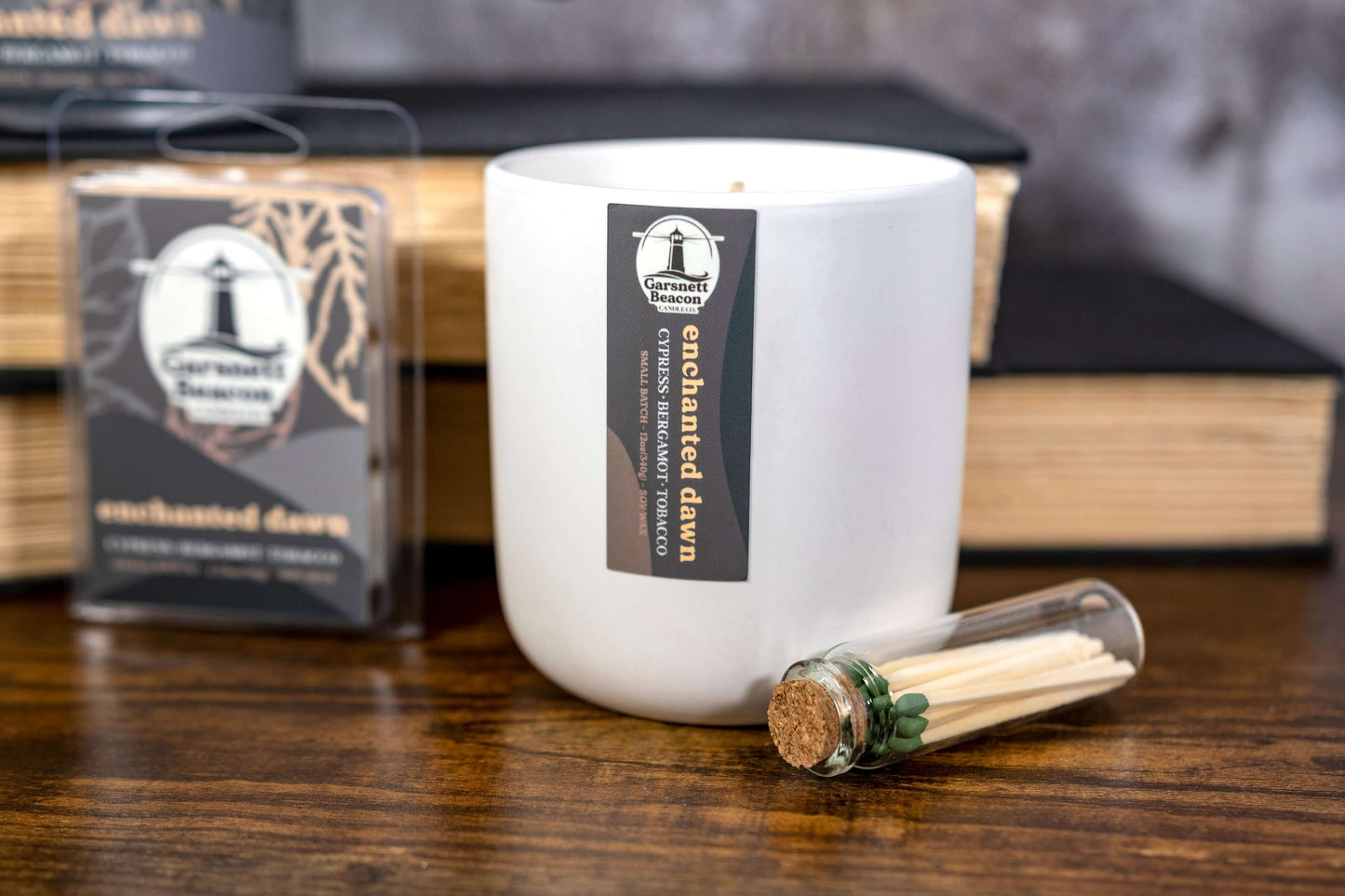 Cypress Bergamot Saffron Flower Patchoili scented candles called Enchanted Dawn in glass ceramic tin and wax melts