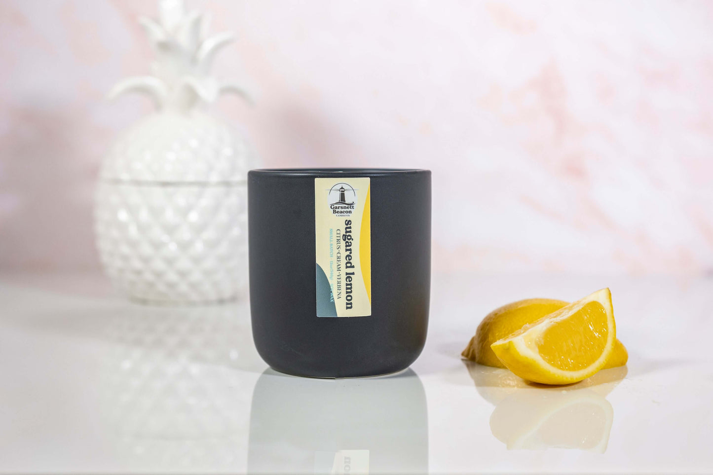 Lemon Cream Vanilla Citrus Verbena scented candles called Sugared Lemon in glass ceramic tin and wax melts