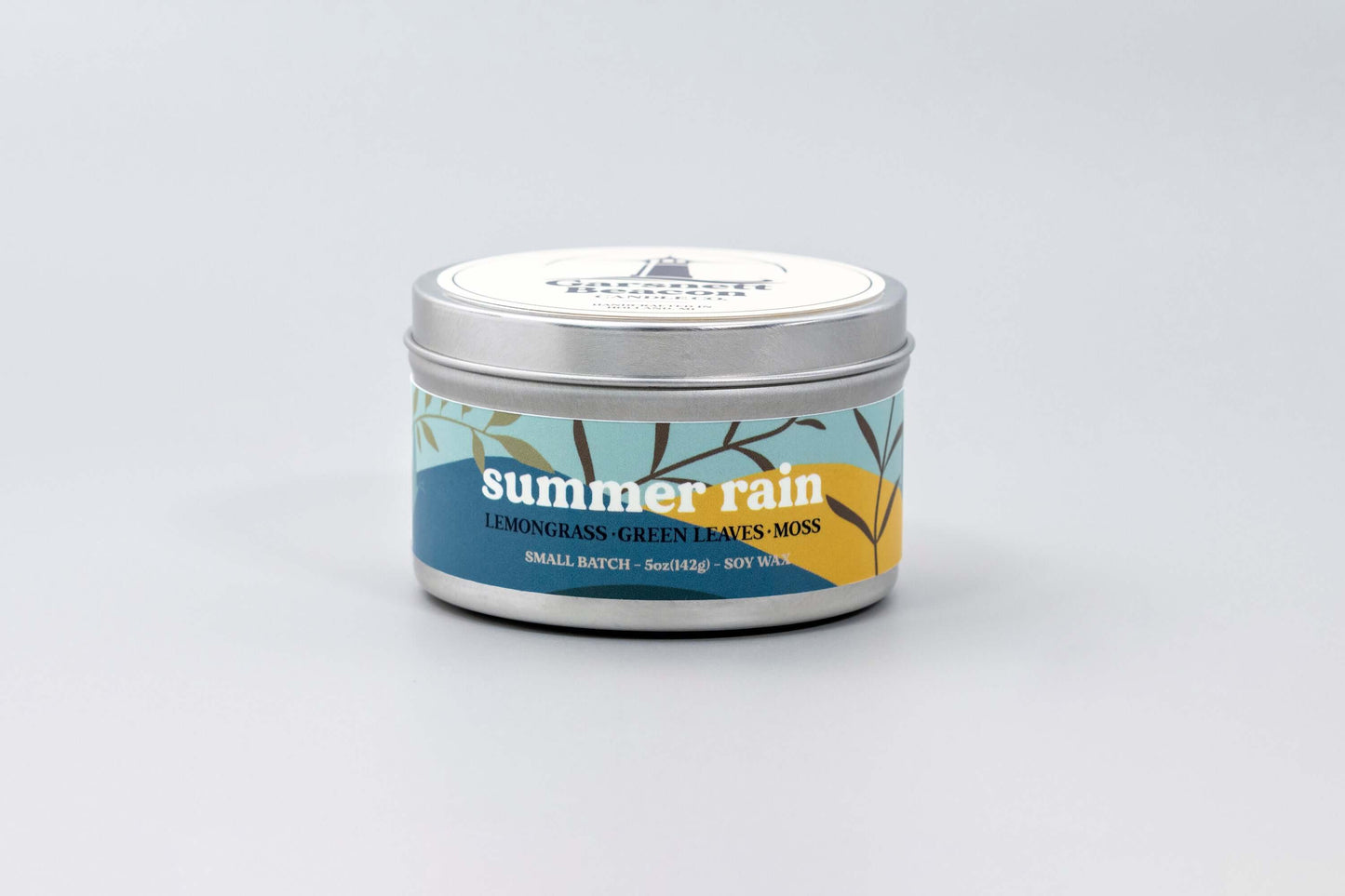 Lemongrass Green Leaves Lily of the Valley Ozone Moss scented candles called Summer Rain in glass ceramic tin and wax melts