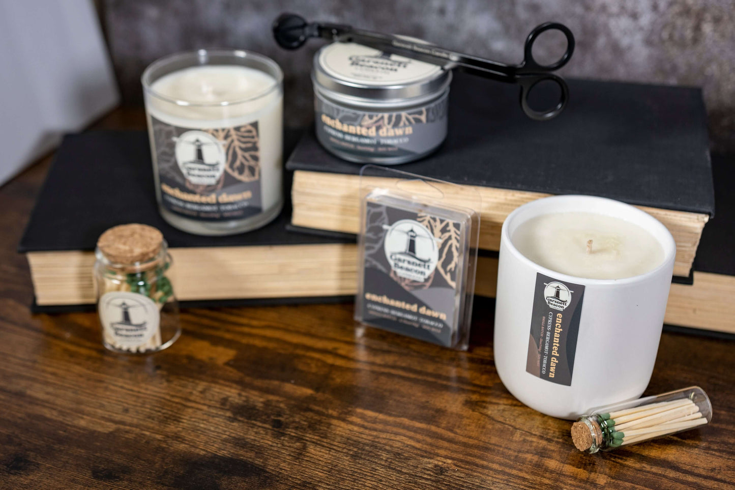 Cypress Bergamot Saffron Flower Patchoili scented candles called Enchanted Dawn in glass ceramic tin and wax melts