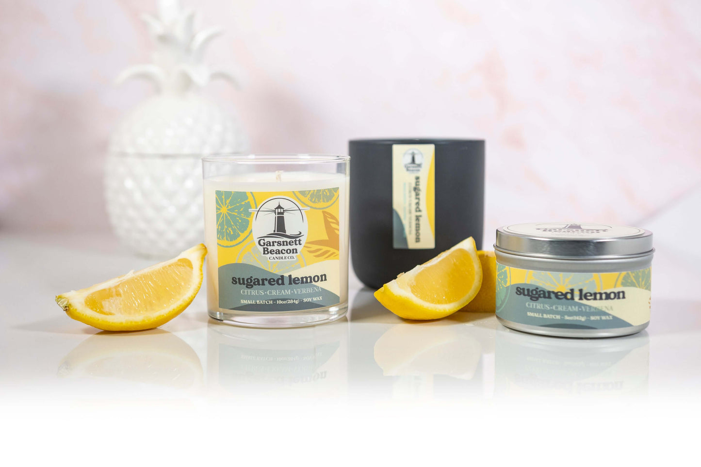 Lemon Cream Vanilla Citrus Verbena scented candles called Sugared Lemon in glass ceramic tin and wax melts