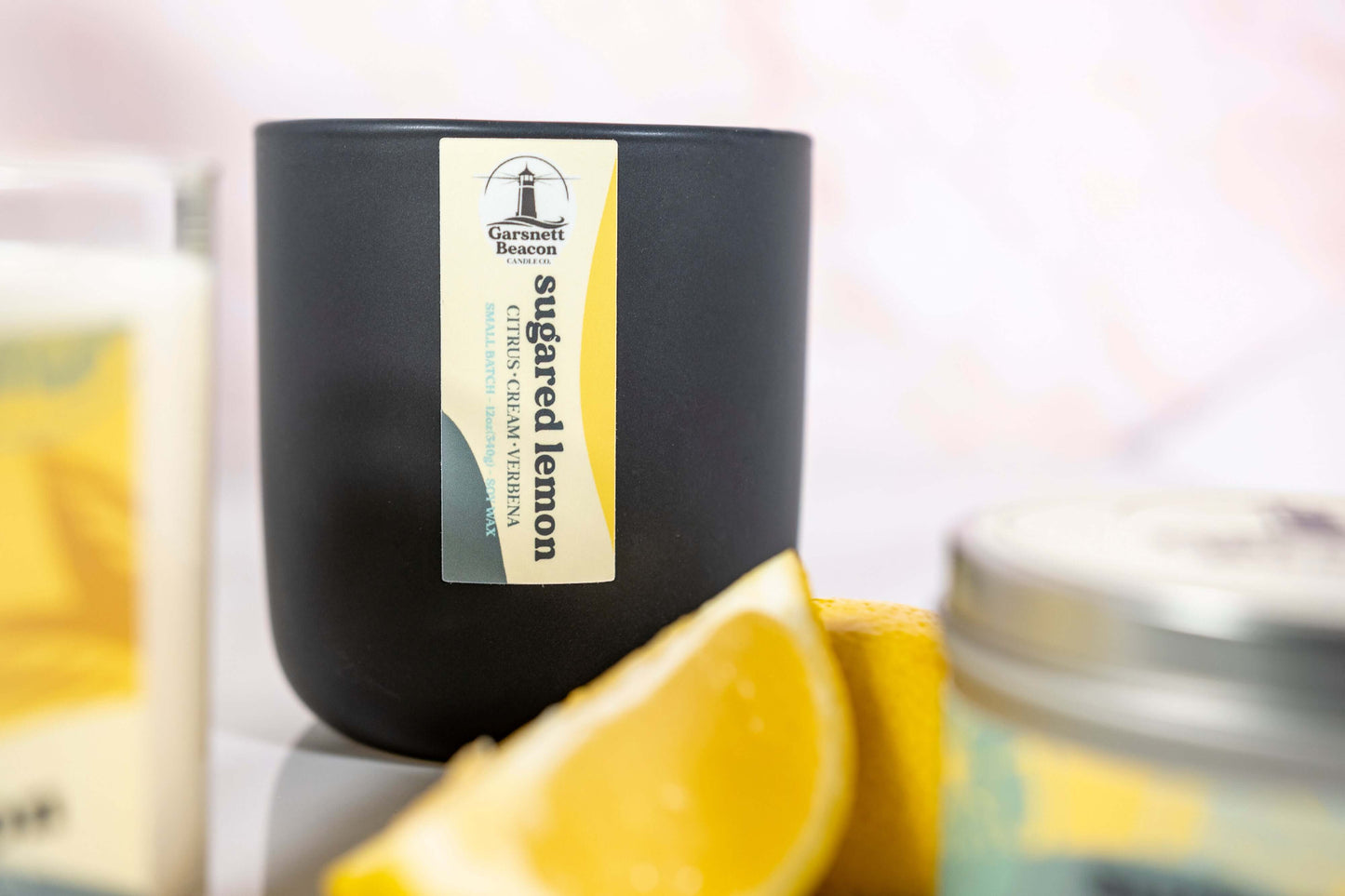 Lemon Cream Vanilla Citrus Verbena scented candles called Sugared Lemon in glass ceramic tin and wax melts