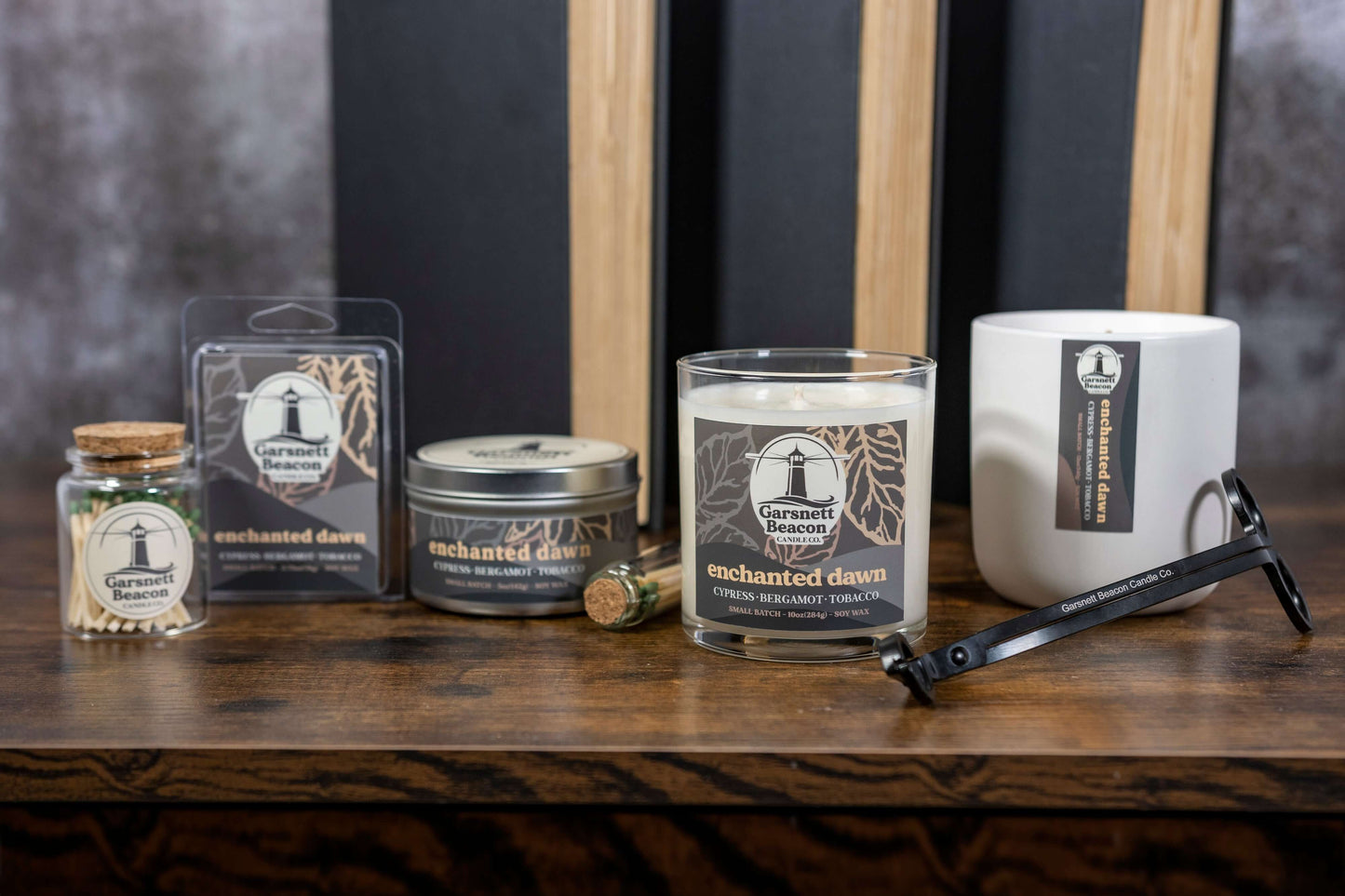 Cypress Bergamot Saffron Flower Patchoili scented candles called Enchanted Dawn in glass ceramic tin and wax melts