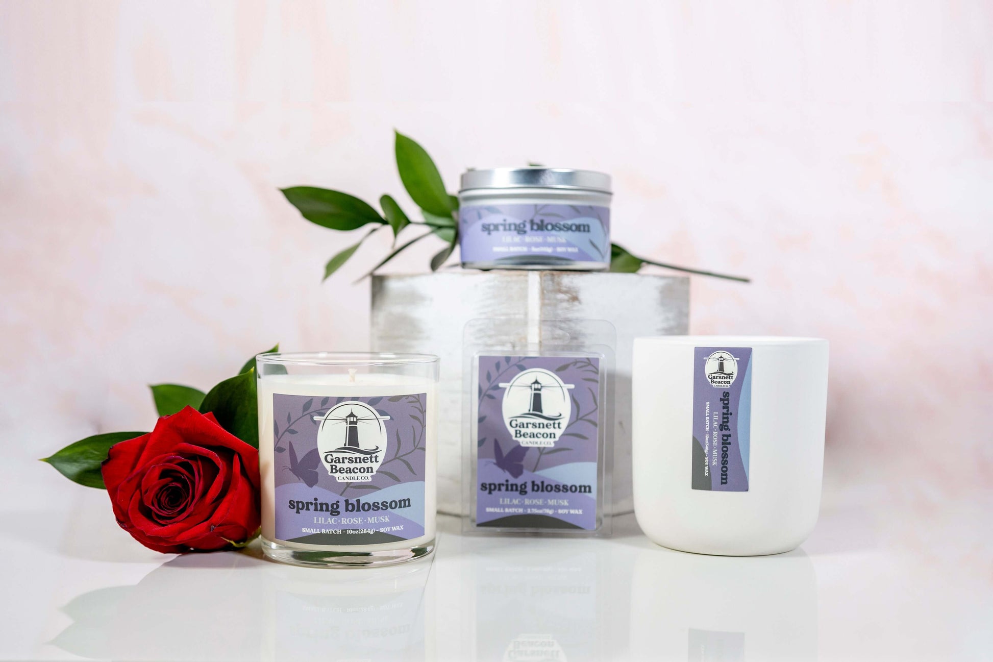 Lilac Rose Lilies Light Musk scented candles called Spring Blossom in glass ceramic tin and wax melts