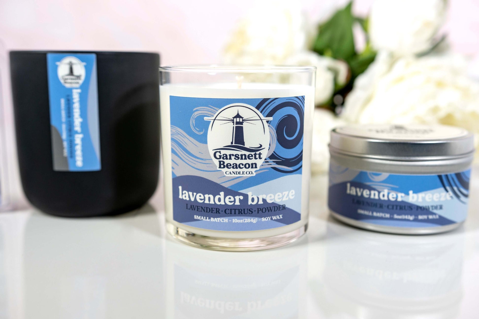 Lavender Citrus Powder scented candles called Lavender Breeze in glass ceramic tin and wax melts