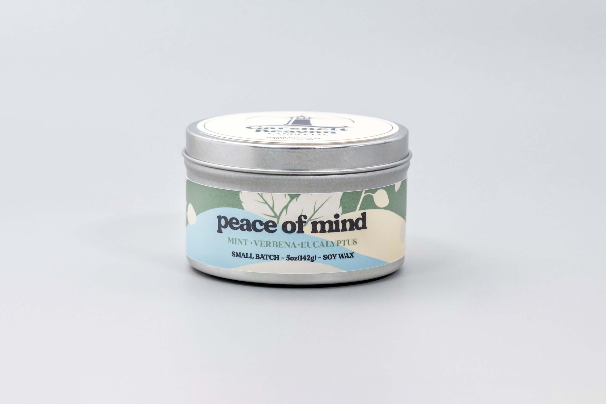 Fresh Mint Verbena Greens Eucalyptus scented candles called Peace of Mind in glass ceramic tin and wax melts