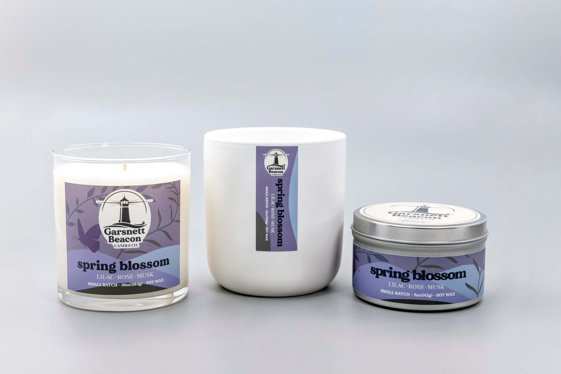 Lilac Rose Lilies Light Musk scented candles called Spring Blossom in glass ceramic tin and wax melts