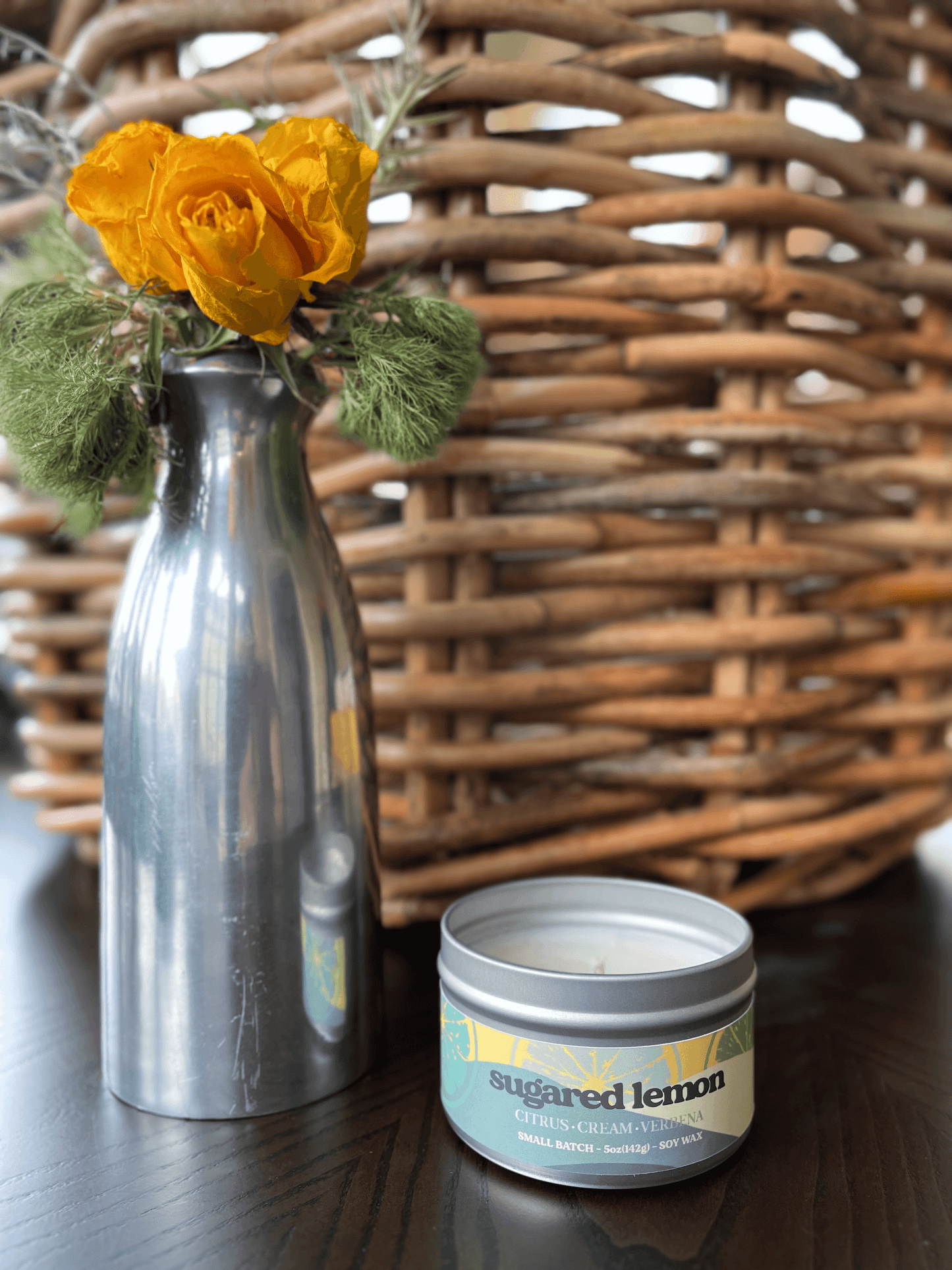 Lemon Cream Vanilla Citrus Verbena scented candles called Sugared Lemon in glass ceramic tin and wax melts