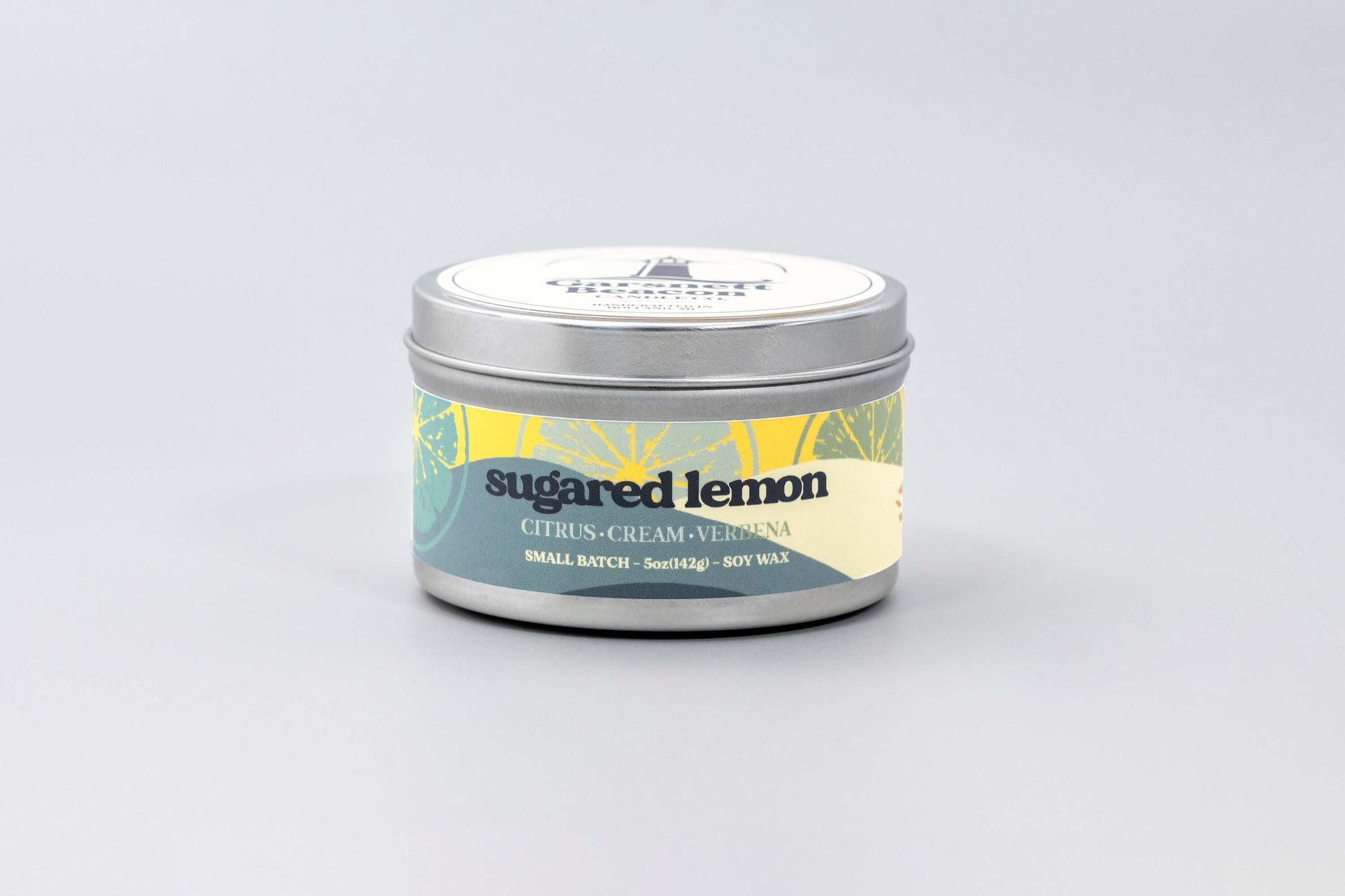 Lemon Cream Vanilla Citrus Verbena scented candles called Sugared Lemon in glass ceramic tin and wax melts