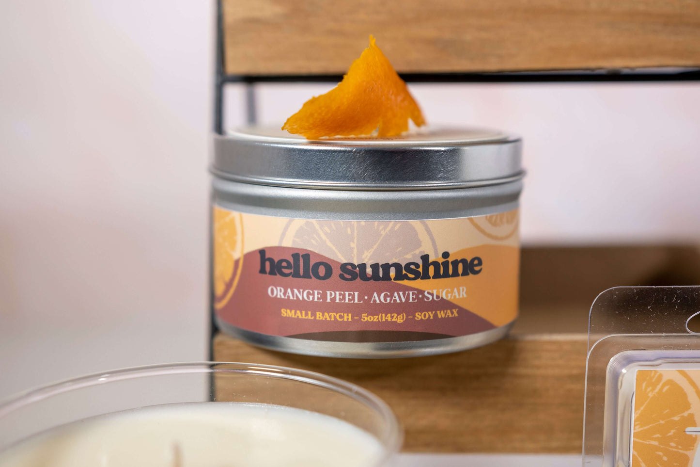 Orange Peel Lemon Peel Agave Tangerine Grapefruit Peach Lime Sugar scented candles called Hello Sunshine in glass ceramic tin and wax melts