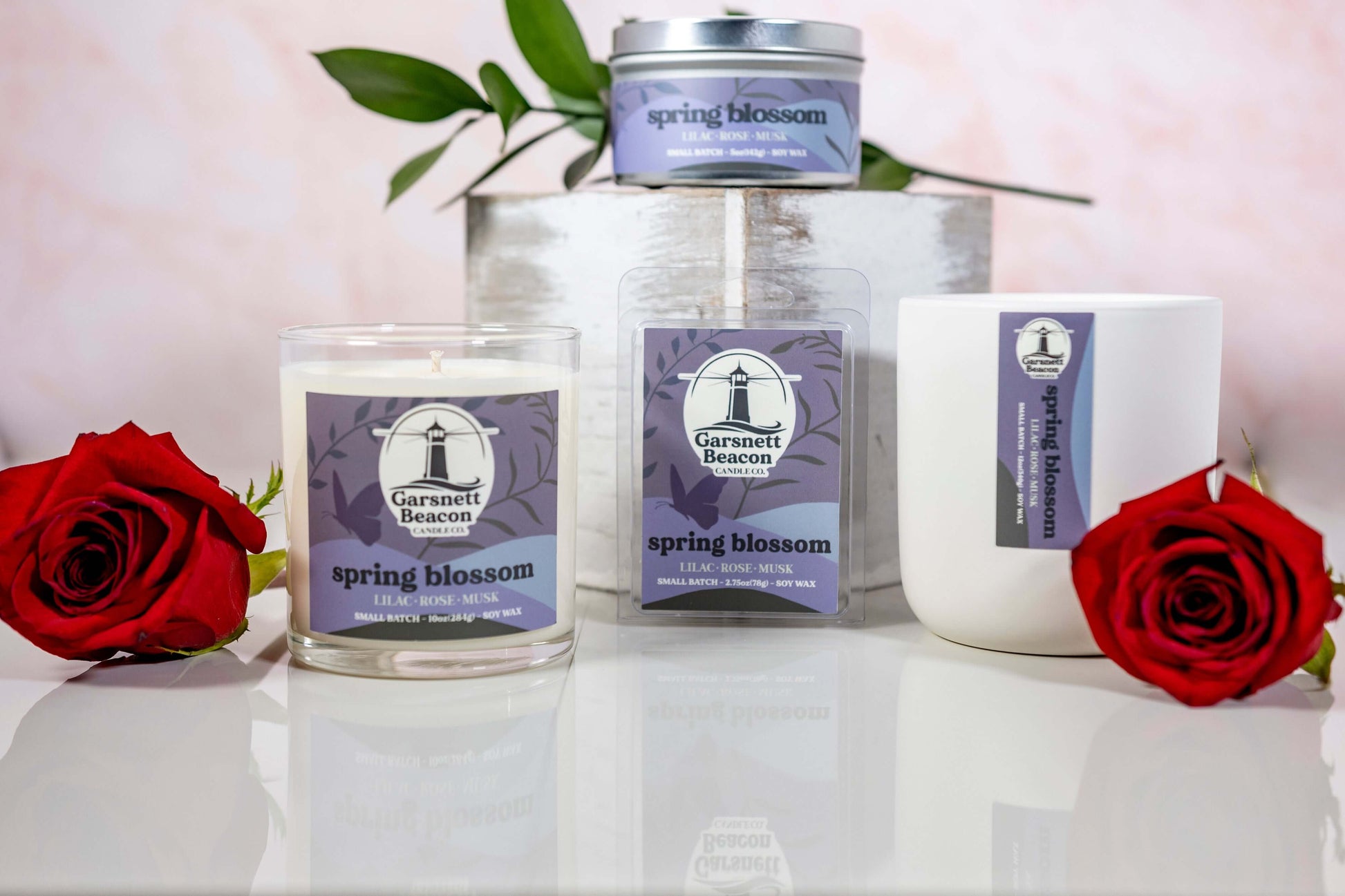 Lilac Rose Lilies Light Musk scented candles called Spring Blossom in glass ceramic tin and wax melts