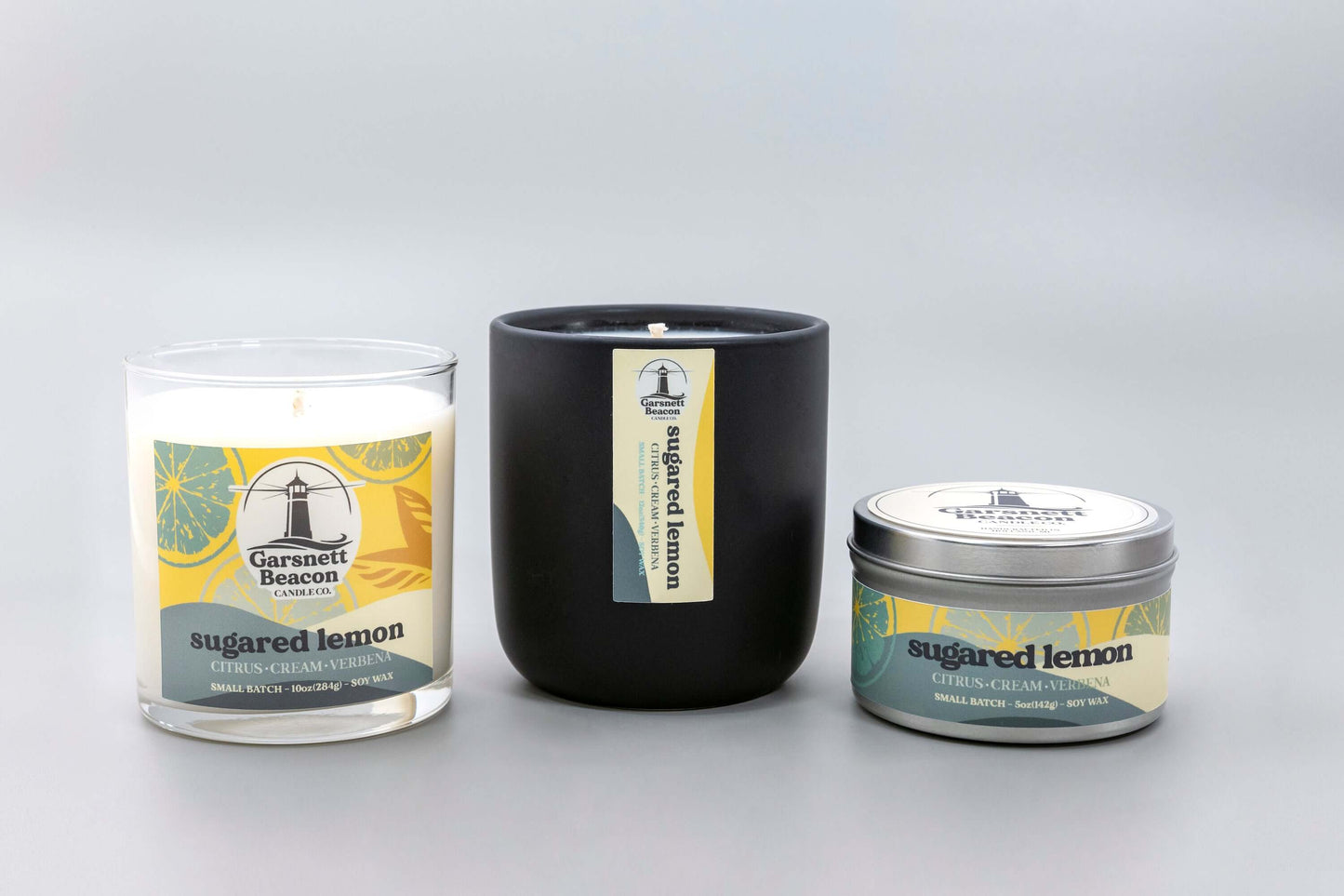 Lemon Cream Vanilla Citrus Verbena scented candles called Sugared Lemon in glass ceramic tin and wax melts